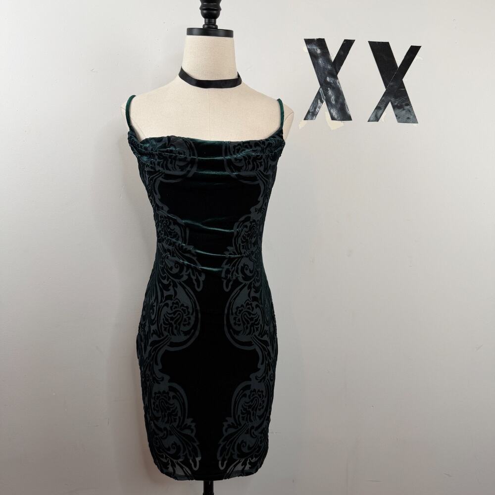 Y2K Jump Apparel Green Burnout Velvet Whimsigoth Cowl Neck Mini Dress S NWT